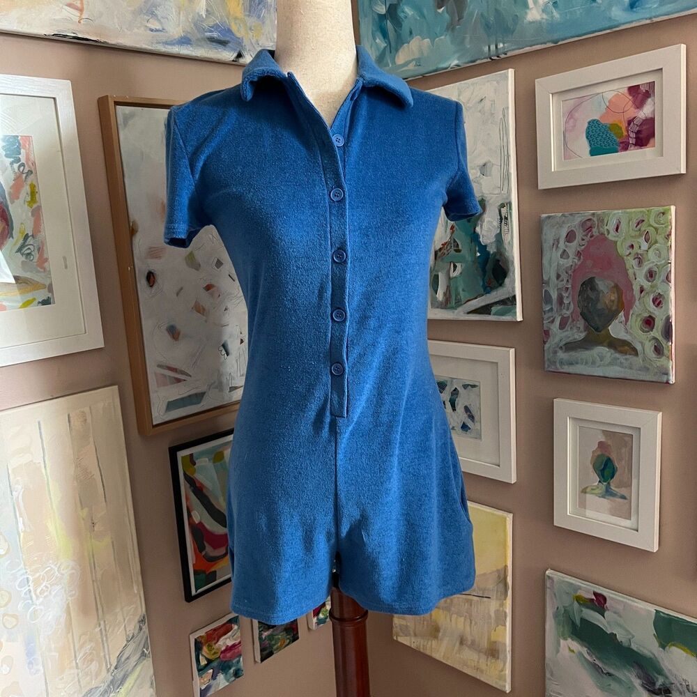 Peppermayo Blue Terry Cloth Collared Romper 90s Y2K Beach Vacation Coastal Sz 6